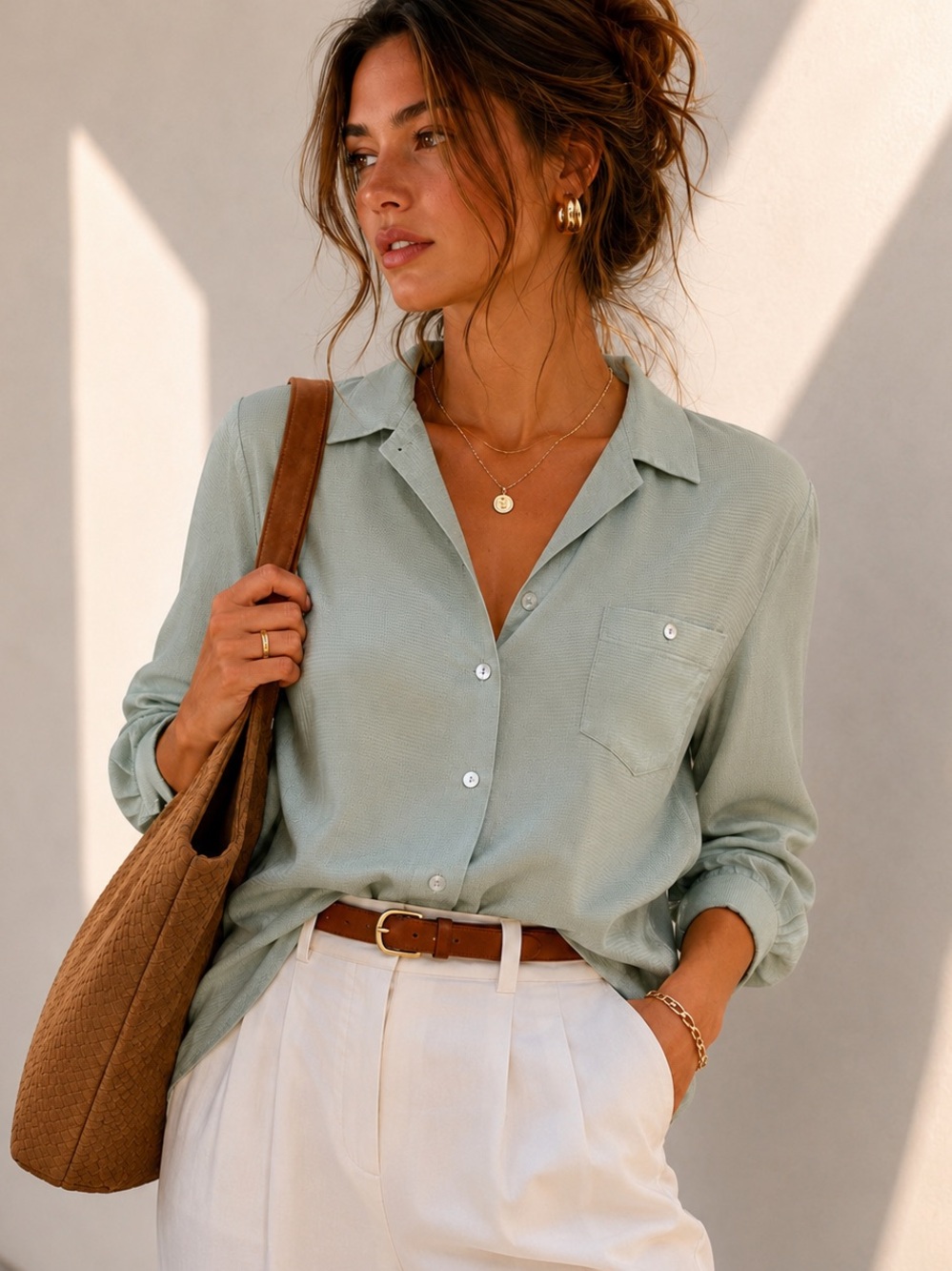 Kara 100% Silk Textured Blouse Sage Green Button Front Pocket Top Medium